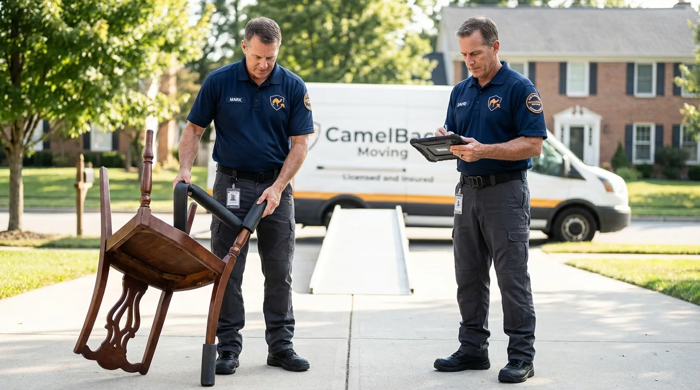 Movers inspecting furniture for damage prevention before loading in Hopkins, SC