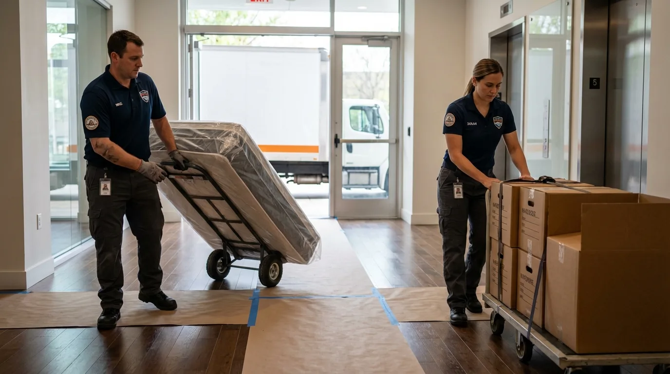 Professional apartment movers loading elevator in Hopkins, SC