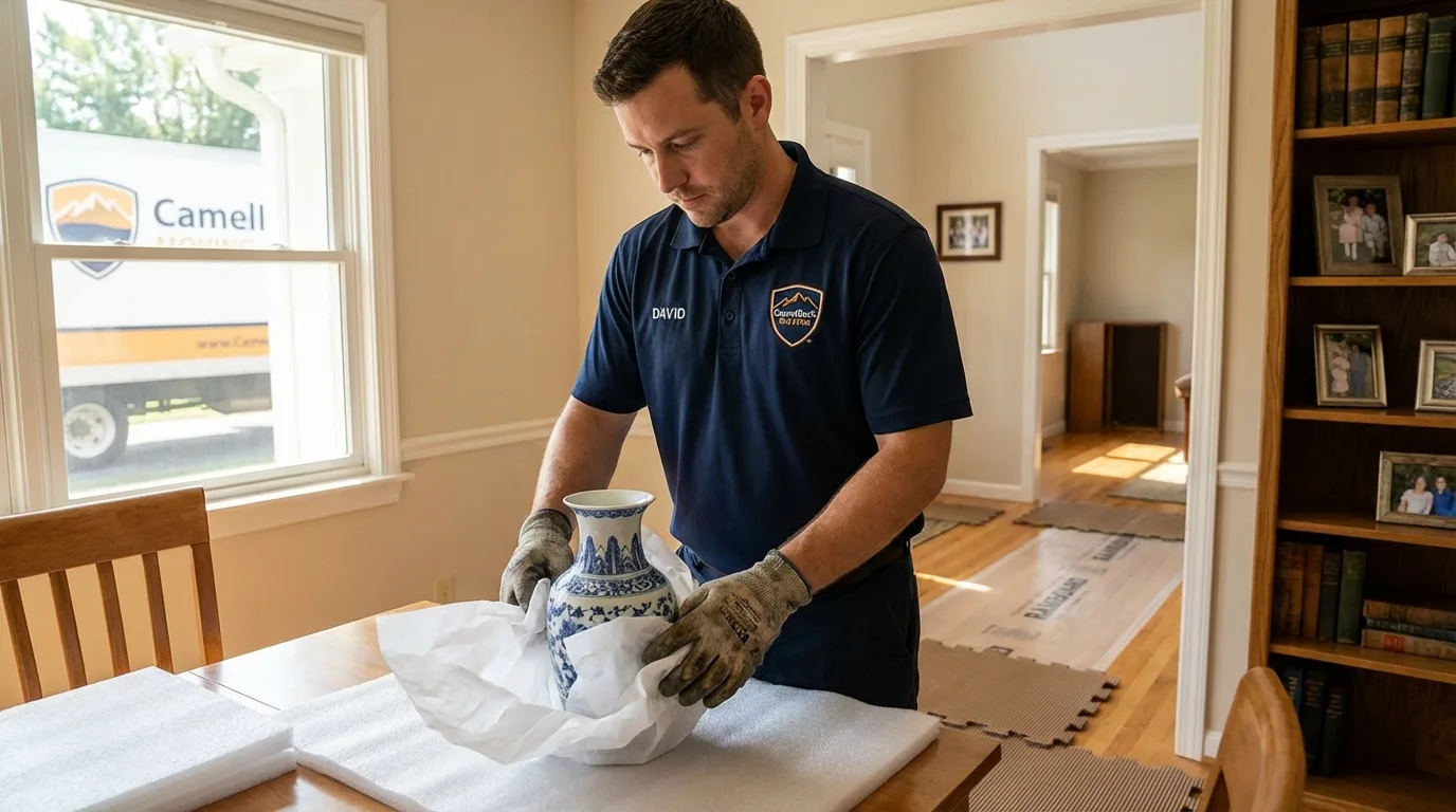 Professional crew carefully wrapping antique vase for senior downsizing move in Hopkins, SC